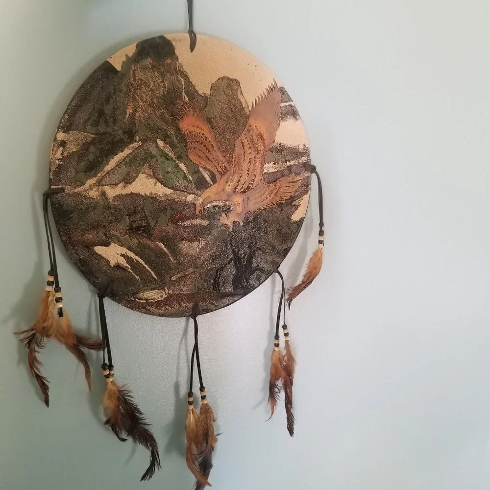 Vintage Dreamcatcher Wall Hanging Decoration Eagle Painting Feathers Mountains - Picture 2 of 9